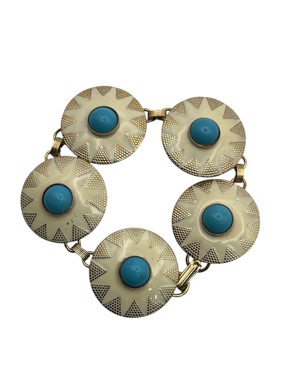Boho sunburst gold tone cream enamel blue cabochon conch style bracelet